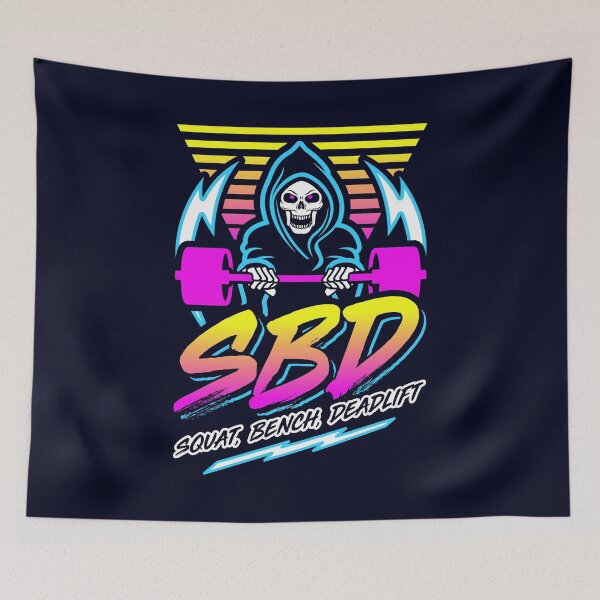 Artikelvorschau, SBD Squat Bench Deadlift (Gym Reaper) Retro Neon Synthwave 80er 90er entworfen und verkauft von Brogress Project.