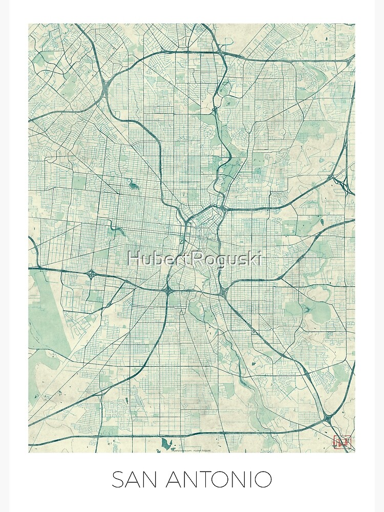 San Antonio Map Blue Vintage by HubertRoguski