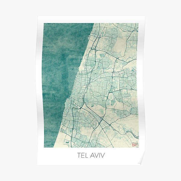 Tel Aviv Map Blue Vintage Poster