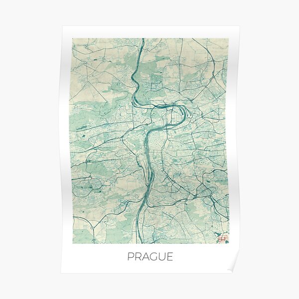 Prague Map Blue Vintage Poster