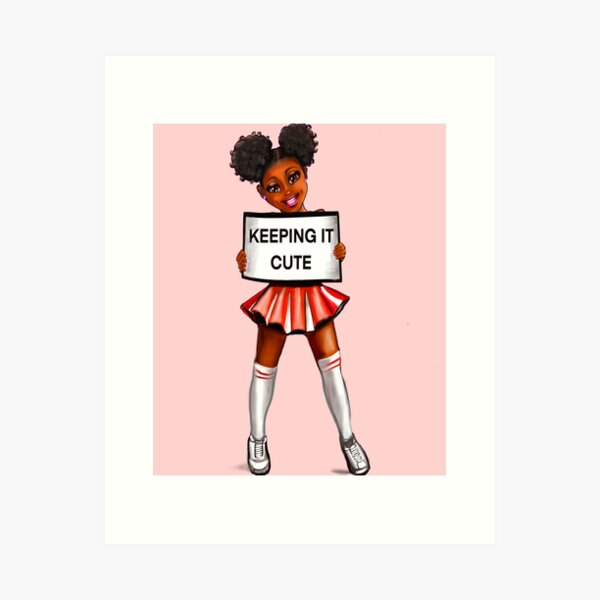 black anime girl cheerleader #002 with Afro hair in puffs, dimples