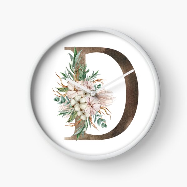 Watercolor floral D letter print Clock
