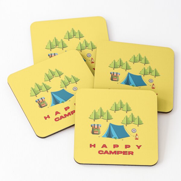 Item preview, 3d illustration of a mountain camping scene with the text HAPPY CAMPER in red designed and sold by Martapp.