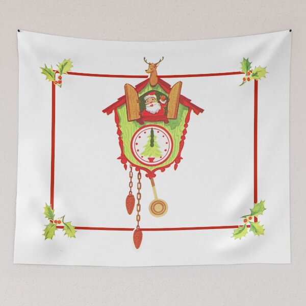 Item preview, "Cuckoo for Claus" - Vintage, Inspired, Christmas, Card, Kris, Kringle, Santa, Saint, St., Nick, Nicholas, Cuckoo, Clock, Reindeer, Deer, Head, Faux, Mount, Taxidermy, Tree, Poinsettia, Holly Berries designed and sold by CanisPicta.