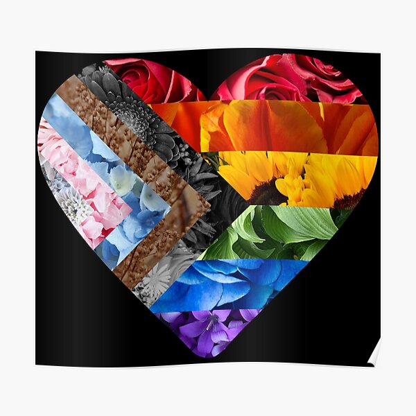 Progress Pride Flag Heart Flowers Poster