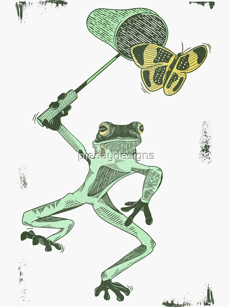 Frog with a butterfly net Sticker for Sale by piedaydesigns