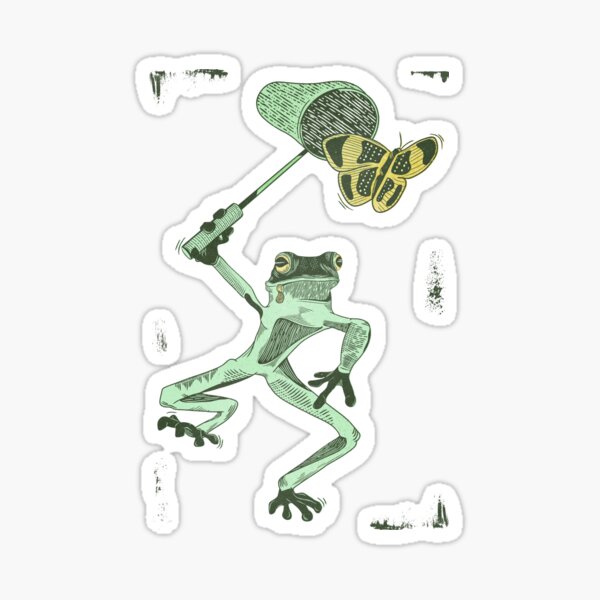 Frog with a butterfly net Sticker for Sale by piedaydesigns
