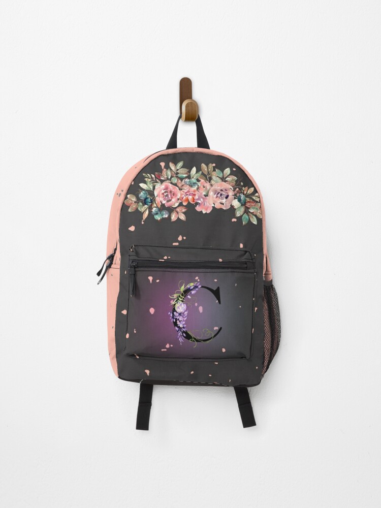 Mochila «lindas mochilas para la universidad color con rosado con letra C, con flores. ideas para regalar, regreso a clases» Cuttie | Redbubble