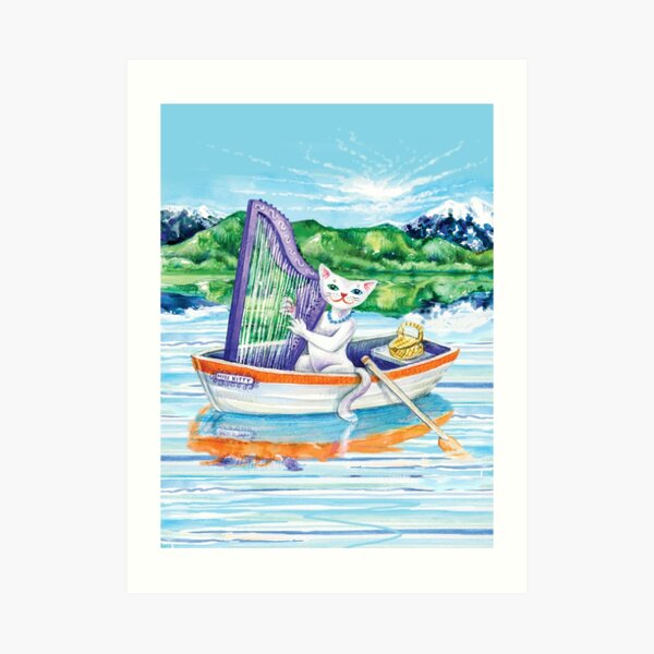 Miss Kitty Cat Plays Harp on the Lake Art Print