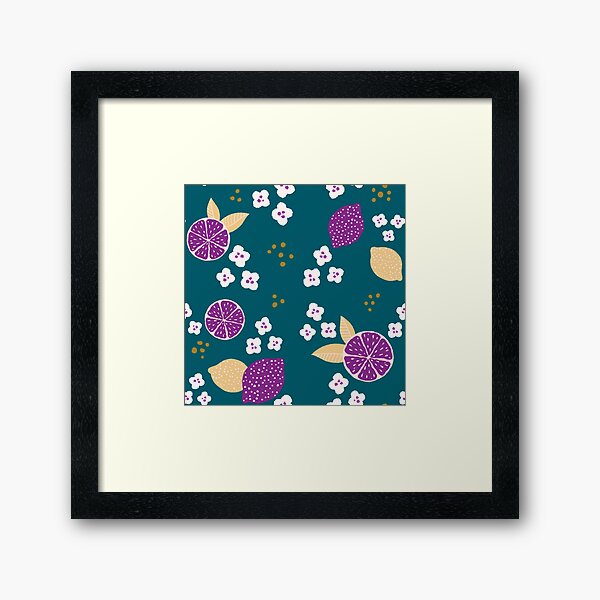Modern Summer Lemons in Purple Yellow with White Flowers on Petrol Green Framed Art Print