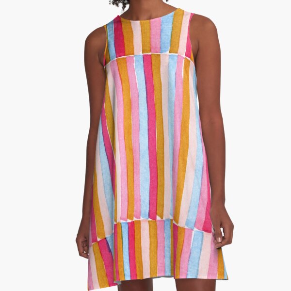 Multicolored vertical Stripes Patchwork pattern - colorful watercolor stripes A-Line Dress