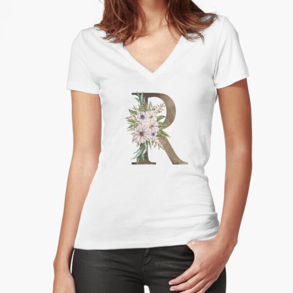 Watercolor floral R wedding monogram letter print Fitted V-Neck T-Shirt