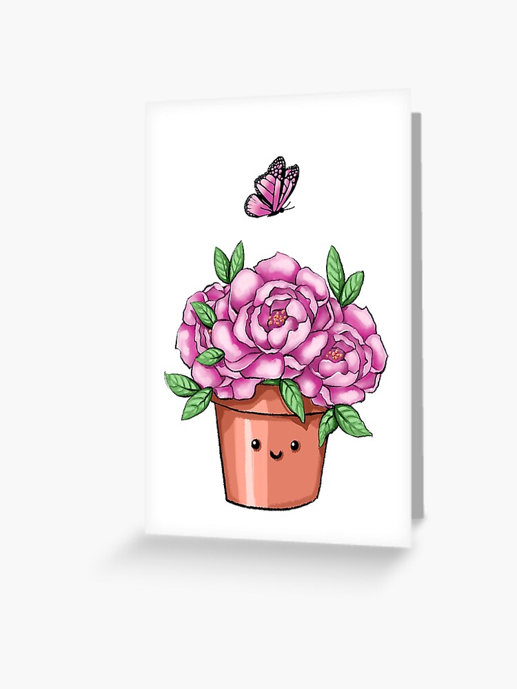 Tarjetas de felicitación «Linda maceta Kawaii con peonías y mariposa» de  biskes | Redbubble