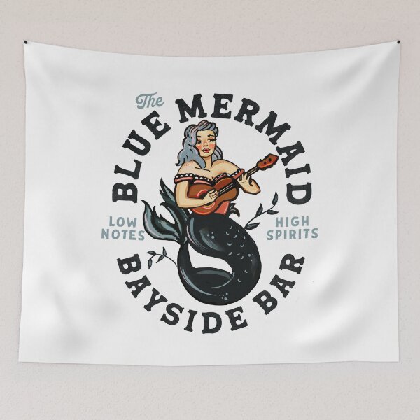 Item preview, The Blue Mermaid Bayside Bar: Vintage Pin-up Girl Playing Guitar Travel Art designed and sold by The Whiskey Ginger Design Shop.