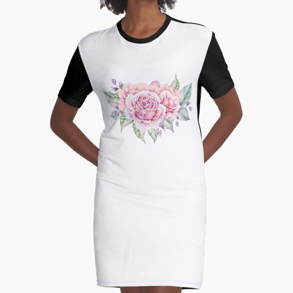 Elegant watercolor pink rose print, flower bouquet illustration Graphic T-Shirt Dress
