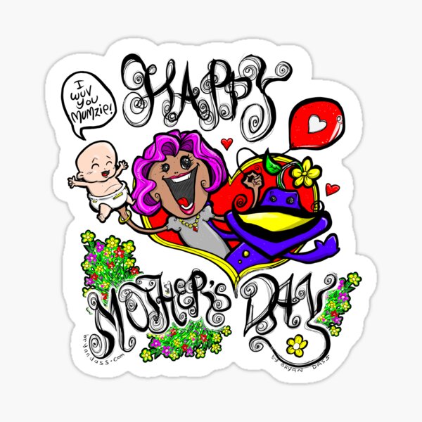 Happy Mothers Day with Mumzie & Munzie of Old Man Joe! The BEST hand drawn, symbolic, out of this world Mother's Day Cartoon Design EVER. Sticker
