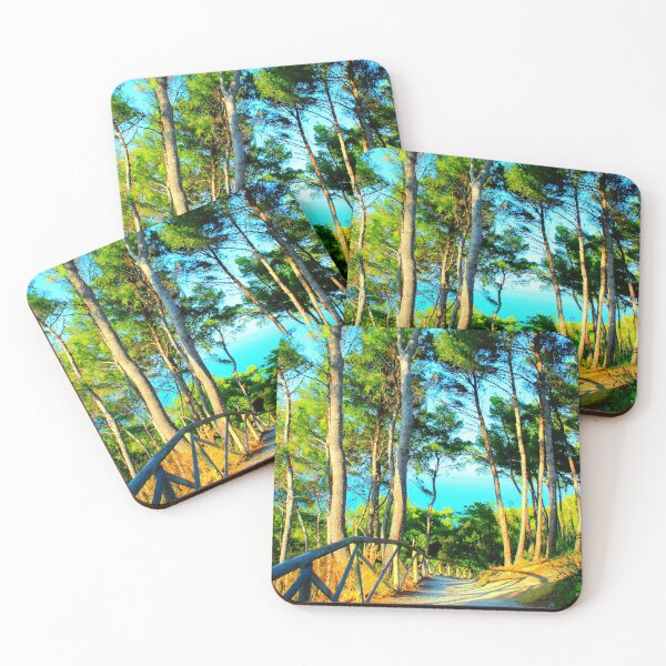 Item preview, Scene from Sirolo with fenced gravelly road, tall trees, sky and sea designed and sold by Kristina Drozd.