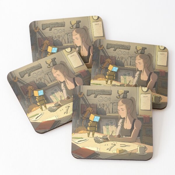 Item preview, Cyberpunk Girl Fixing Mech Arm at Workshop Desk designed and sold by DoctorCocoBean.