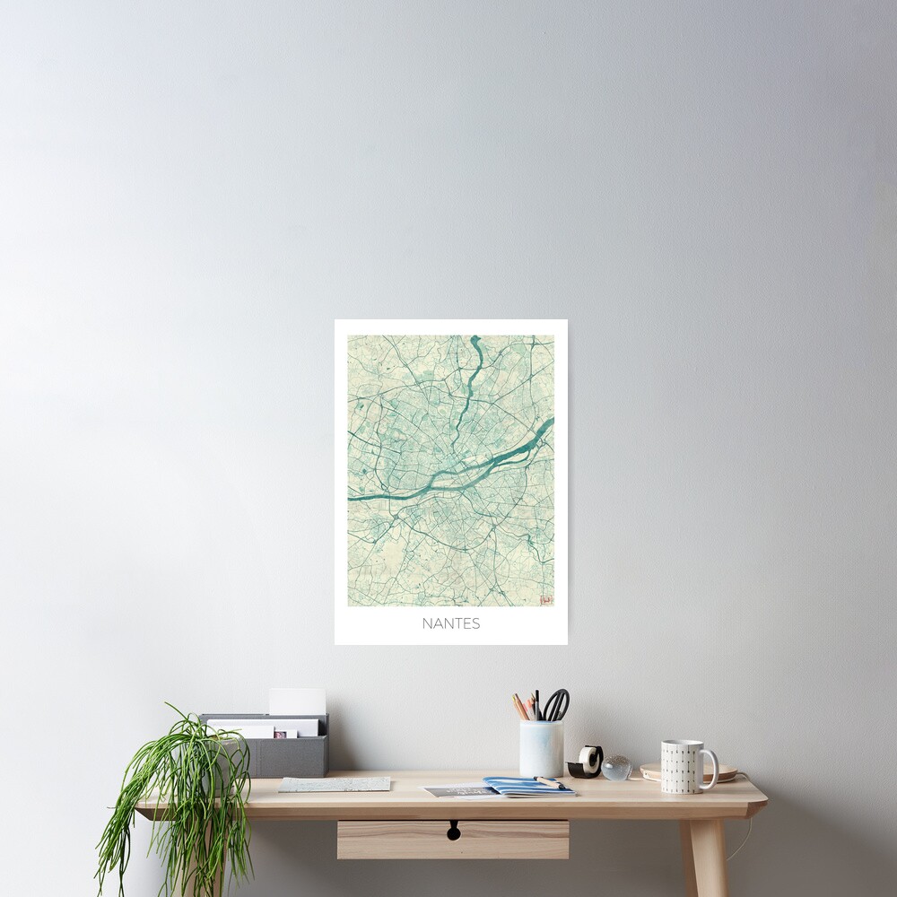 Nantes Map Blue Vintage Poster
