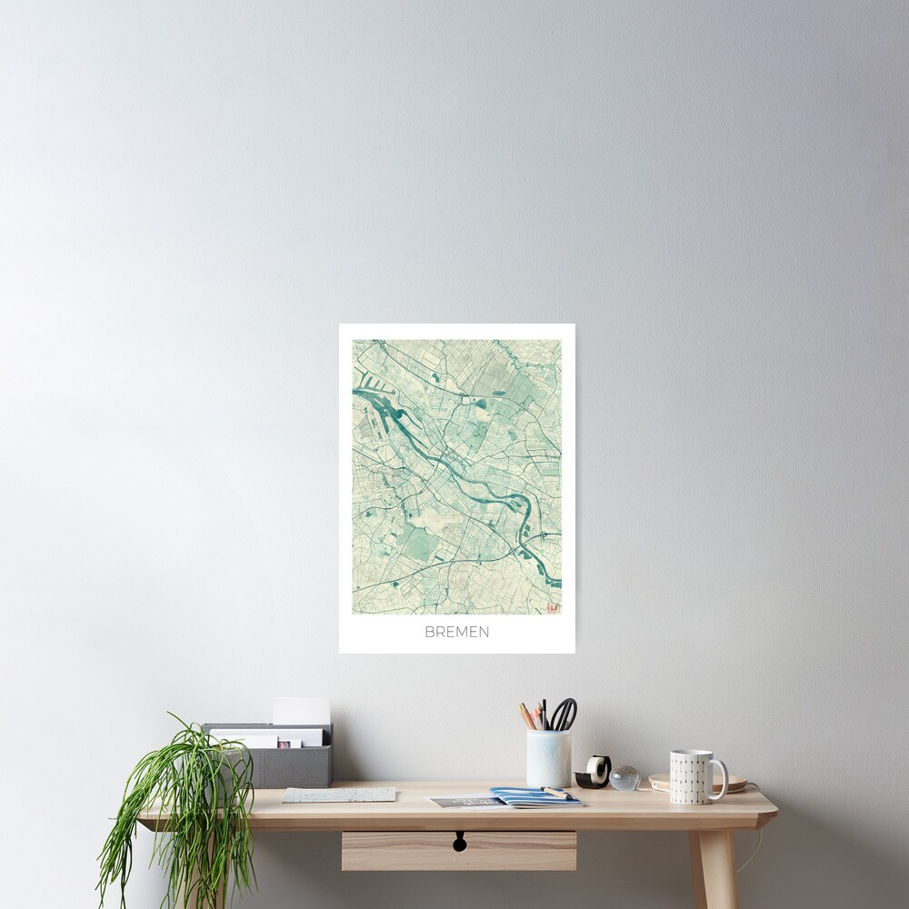 Bremen Map Blue Vintage Poster