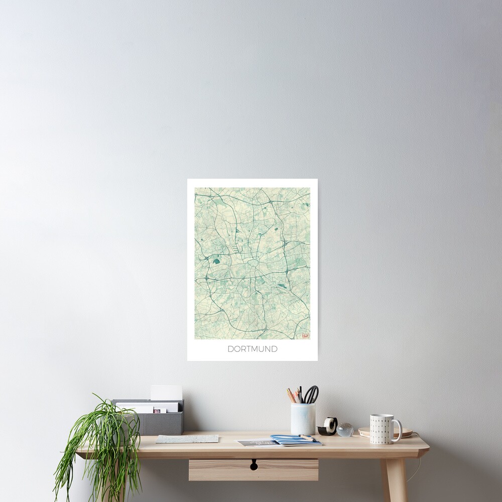 Dortmund Map Blue Vintage Poster