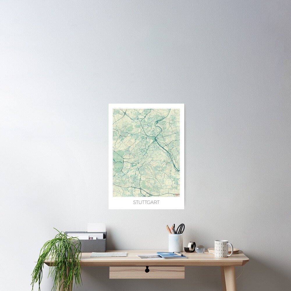 Stuttgart Map Blue Vintage Poster