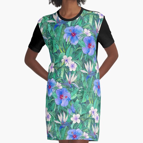 White Bird of Paradise & Blue Hibiscus Tropical Garden Graphic T-Shirt Dress