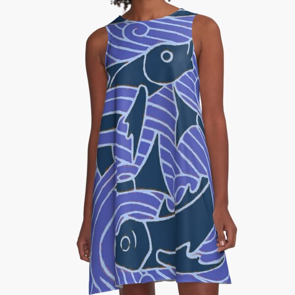 Blue fish Swimming Waves swimming art graphic design A-Line Dress for  Sale by antiqueart