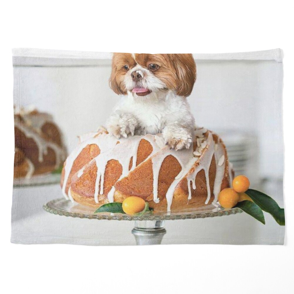 3d-cartoon realistic-baby-little-tiny-Puppy chubby-cute-dog-shih-tzu  rolling laugh Holding cake