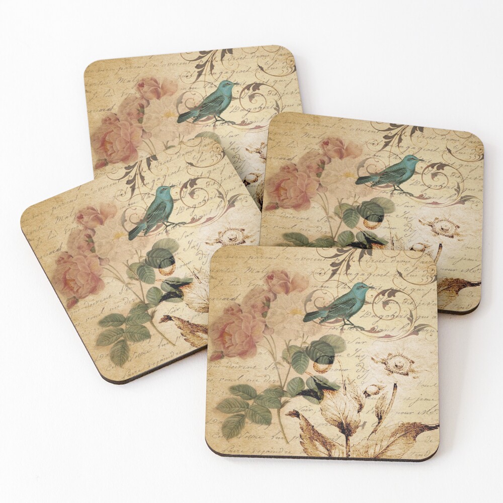 modern vintage rose bird paris french botanical art Coasters (Set of 4)