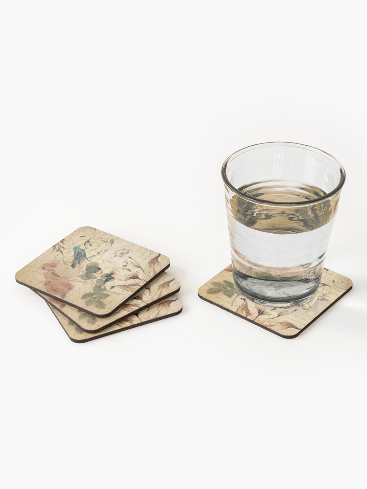 Alternate view of modern vintage rose bird paris french botanical art Coasters (Set of 4)