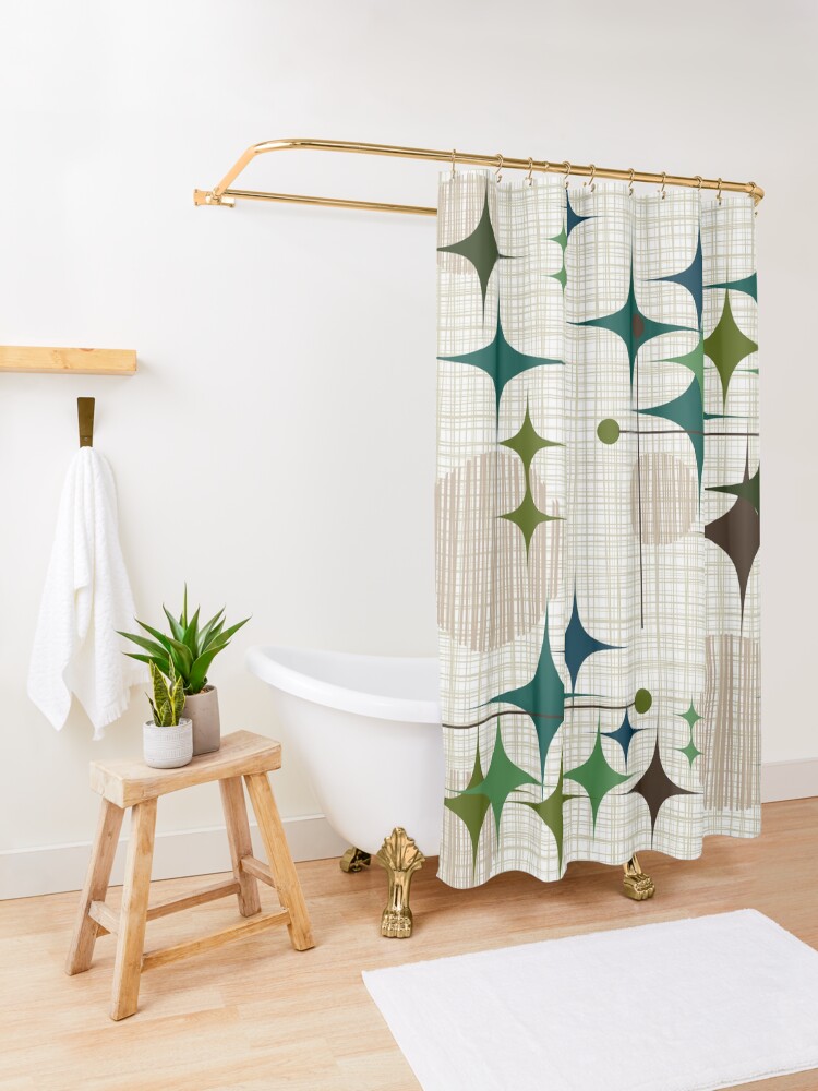 Alternate view of Eames Era Starbursts and Globes 1 (bkgrnd) Shower Curtain