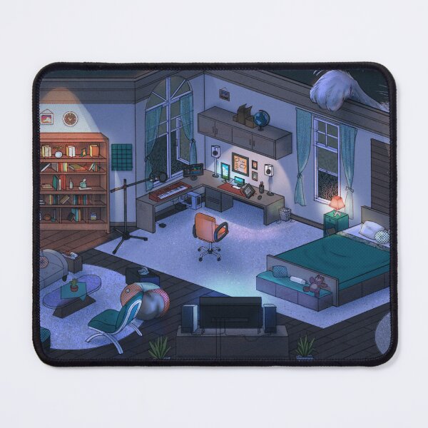 Item preview, Cute Isometric Bedroom with Cat (nighttime setting) designed and sold by BrocEnRollArts.