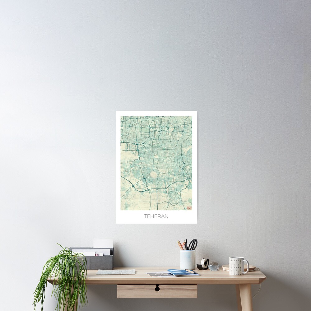 Teheran Map Blue Vintage Poster