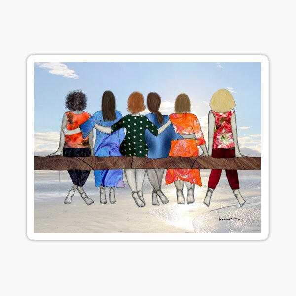 Item preview, She Side -hand drawn, painted and mixed media art depicting a group of women and friends sitting together looking out to sea. designed and sold by Jules Smith.