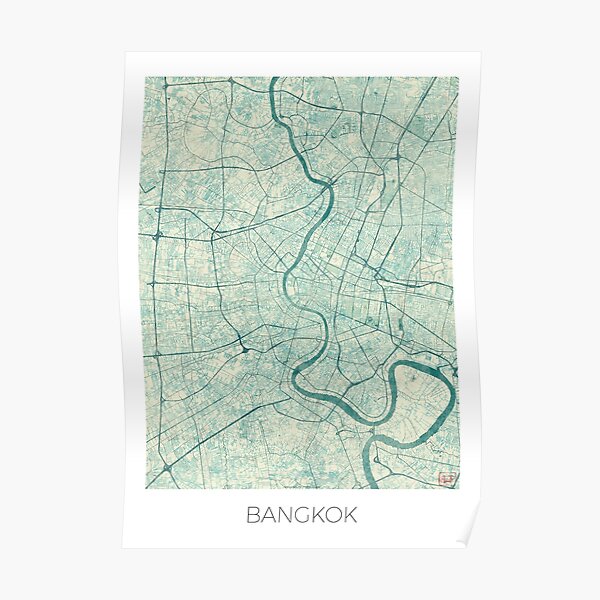 Bangkok Map Blue Vintage Poster