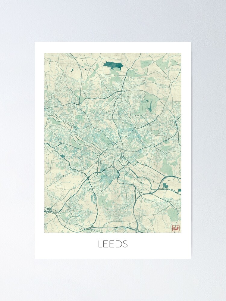 Alternate view of Leeds Map Blue Vintage Poster