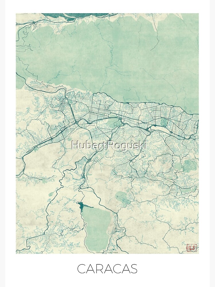 Caracas Map Blue Vintage by HubertRoguski