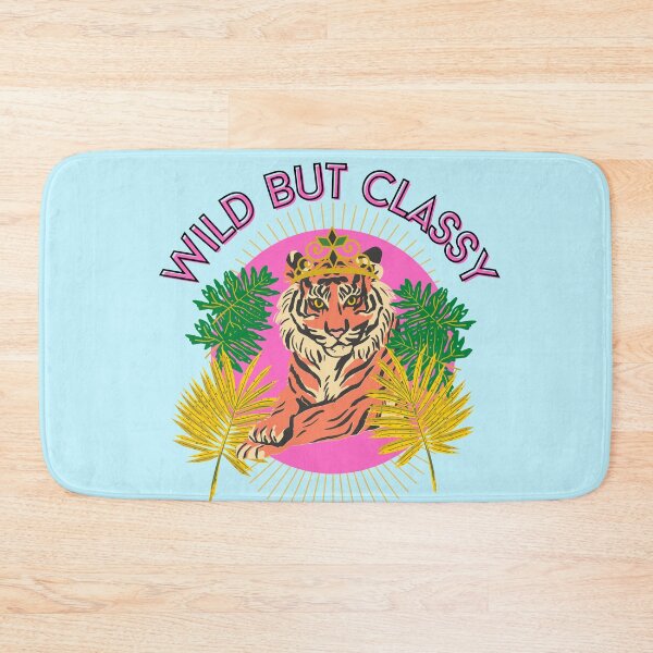 Item preview, Wild but classy Tiger with crown and tropical leaves hot pink and light blue designed and sold by DemonicGloom.