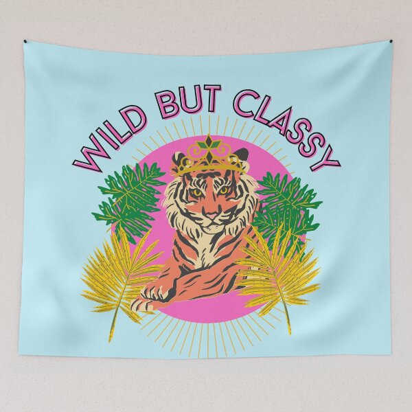 Item preview, Wild but classy Tiger with crown and tropical leaves hot pink and light blue designed and sold by DemonicGloom.