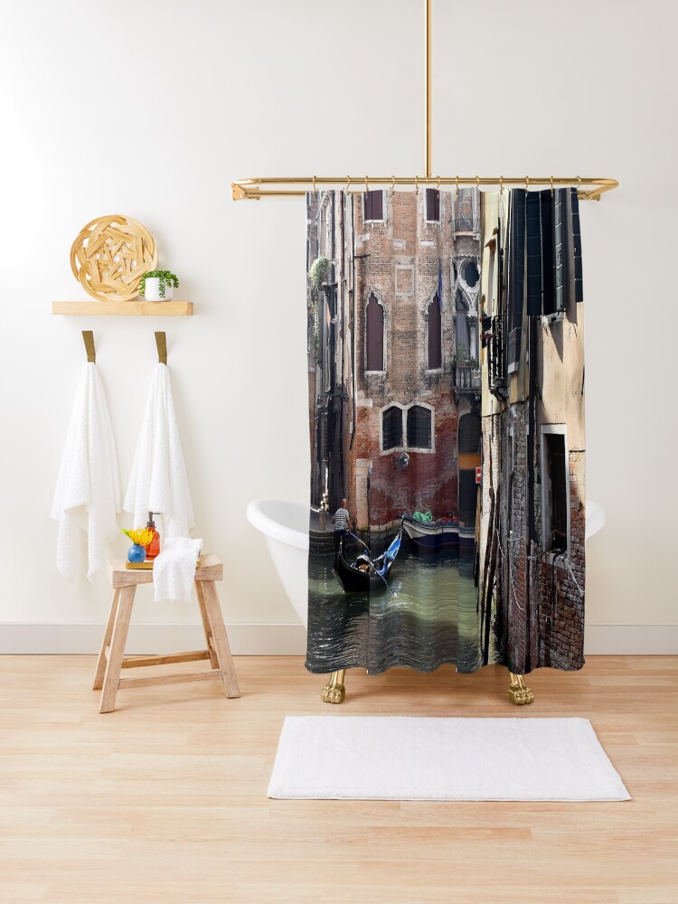 Thumbnail 1 of 5, Shower Curtain, Gondolier in the secret canals of Venice, Italy designed and sold by KarenEspig.