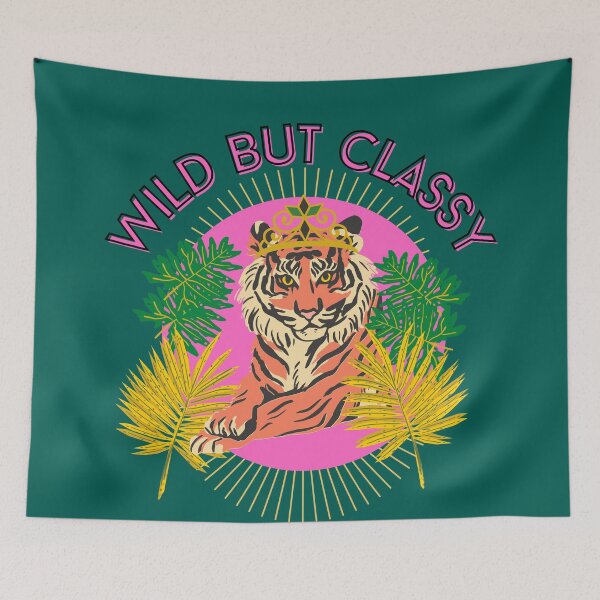 Item preview, Wild but classy Tiger with crown and tropical leaves hot pink and dark green designed and sold by DemonicGloom.