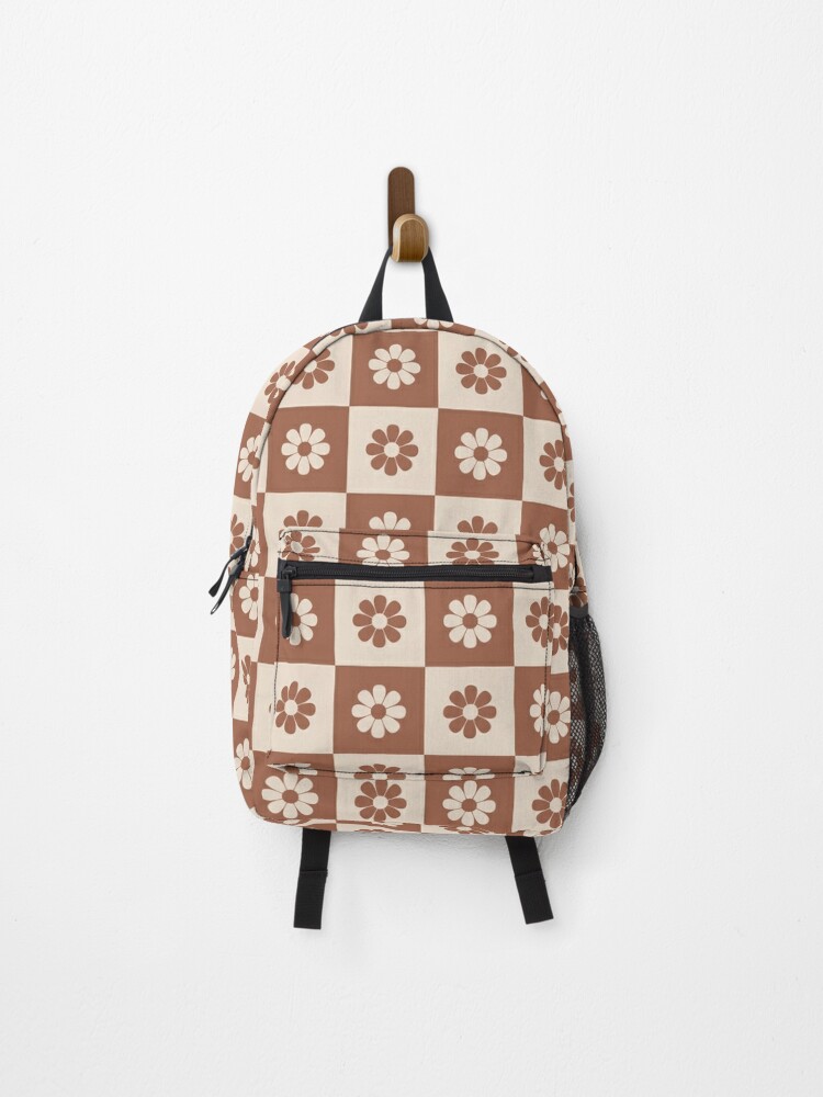 Brown and Cream Checkered Flowers Pattern Backpack for Sale by thelustrous