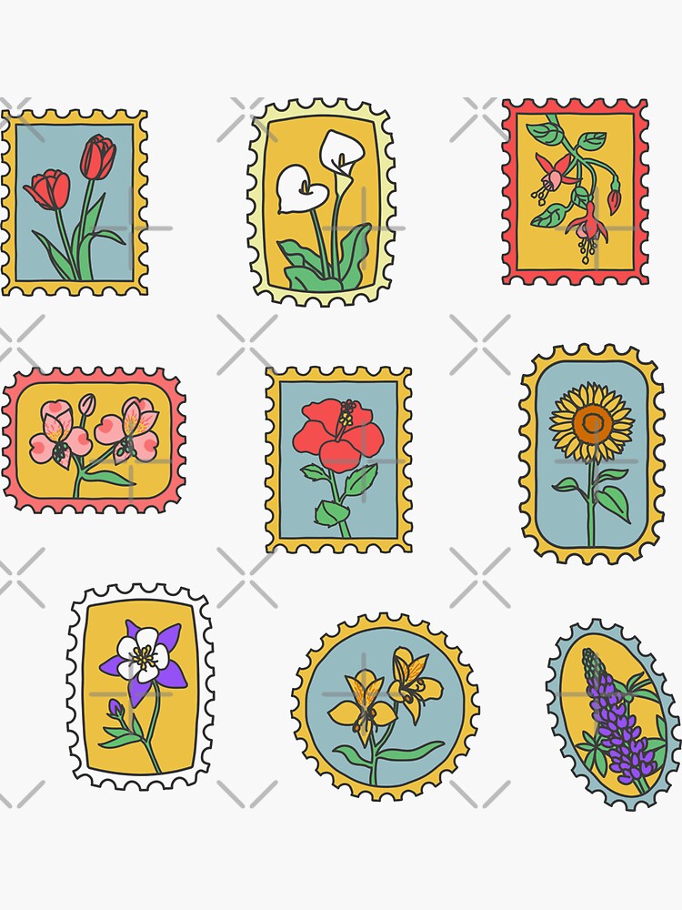 Thumbnail 3 of 3, Sticker, Flower Postage Stamps Set designed and sold by Ami-Ami.