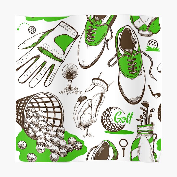 "golf pattern with basket, shoes, car, putter, ball" Poster for Sale by