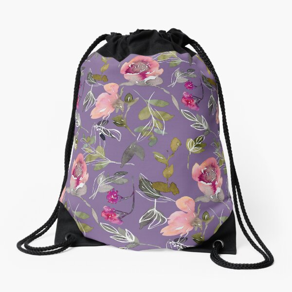 Watercolor flower pattern in purple Drawstring Bag