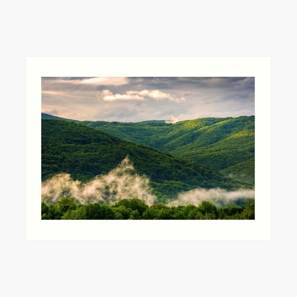 foggy mountain ridge over the forest in springtime Art Print