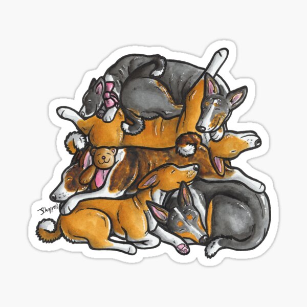 Sleeping pile of Basenji dogs Sticker