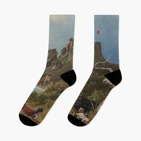 Item preview, Castle on a cliff side with villagers below designed and sold by Vintage Designs +.