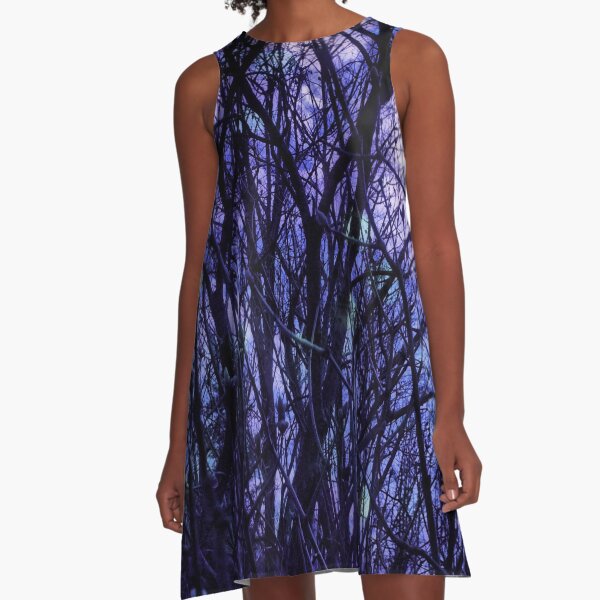 Dark Purple Forest - Purple Blue and Black Bare Tree Landscape A-Line Dress